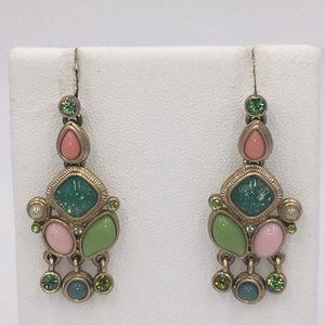 Silver Tone Dangle Pierced Post EARRINGS, Pink Green Glass Plastic Rhinestones